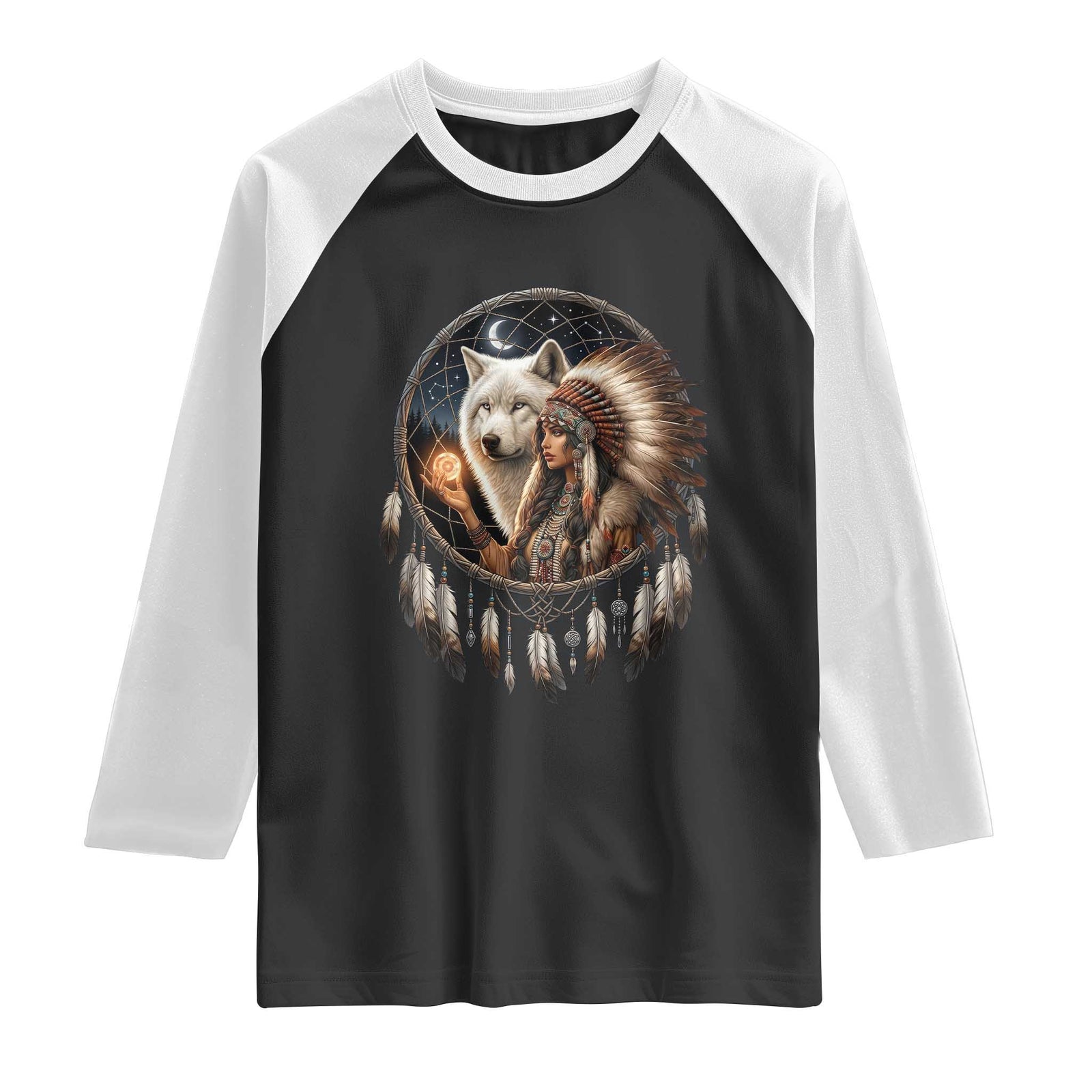 Vintage Native American Woman With White Wolf Graphic Raglan Shirt TS12 Black White Print Your Wear