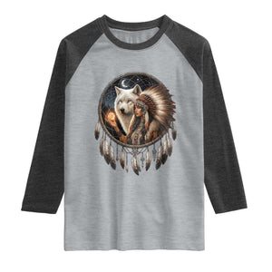 Vintage Native American Woman With White Wolf Graphic Raglan Shirt