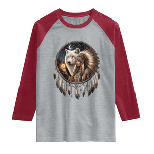 Vintage Native American Woman With White Wolf Graphic Raglan Shirt