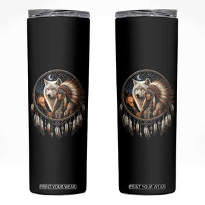 Vintage Native American Woman With White Wolf Graphic Skinny Tumbler