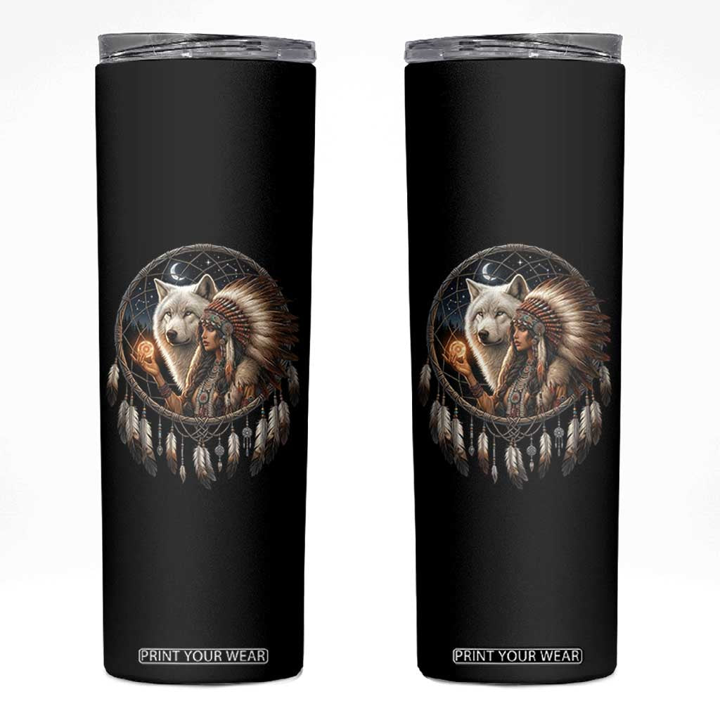 Vintage Native American Woman With White Wolf Graphic Skinny Tumbler TS12 Black Print Your Wear