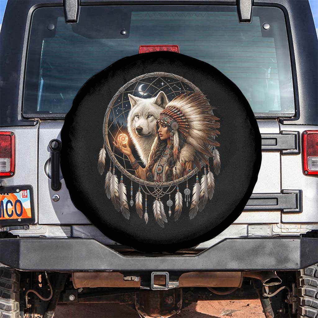 Vintage Native American Woman With White Wolf Graphic Spare Tire Cover TS12 No hole Black Print Your Wear