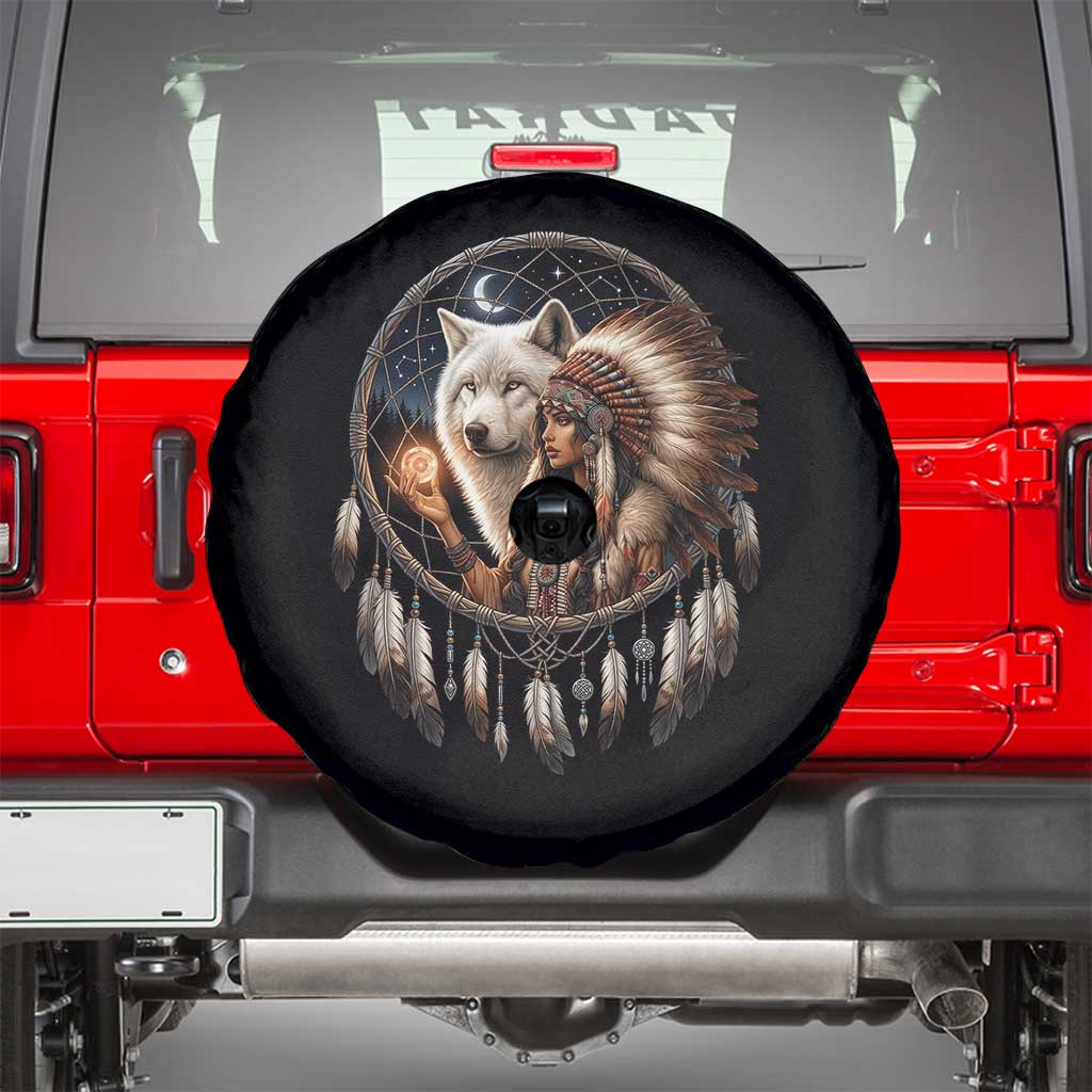 Vintage Native American Woman With White Wolf Graphic Spare Tire Cover