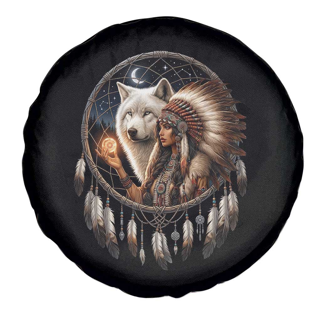 Vintage Native American Woman With White Wolf Graphic Spare Tire Cover