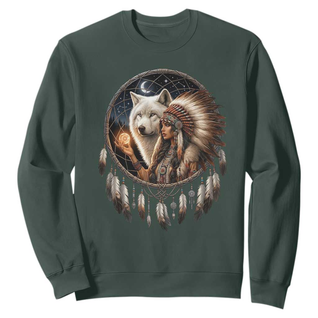Vintage Native American Woman With White Wolf Graphic Sweatshirt