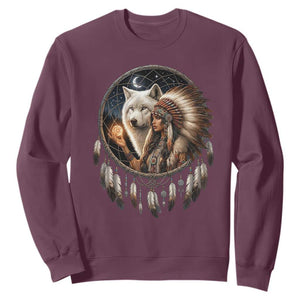 Vintage Native American Woman With White Wolf Graphic Sweatshirt