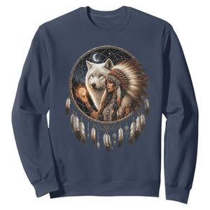 Vintage Native American Woman With White Wolf Graphic Sweatshirt