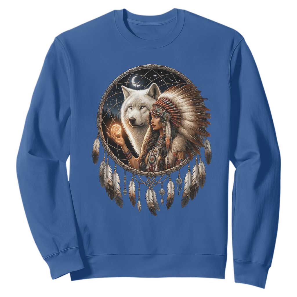 Vintage Native American Woman With White Wolf Graphic Sweatshirt
