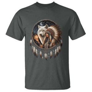 Vintage Native American Woman With White Wolf Graphic T Shirt