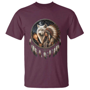 Vintage Native American Woman With White Wolf Graphic T Shirt