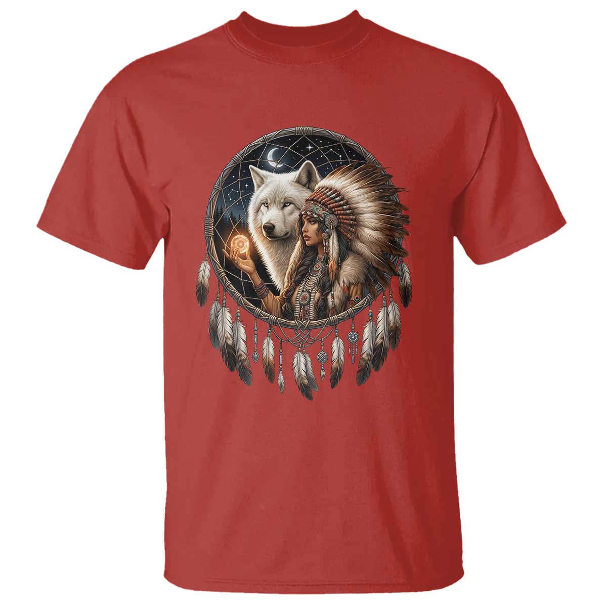 Vintage Native American Woman With White Wolf Graphic T Shirt