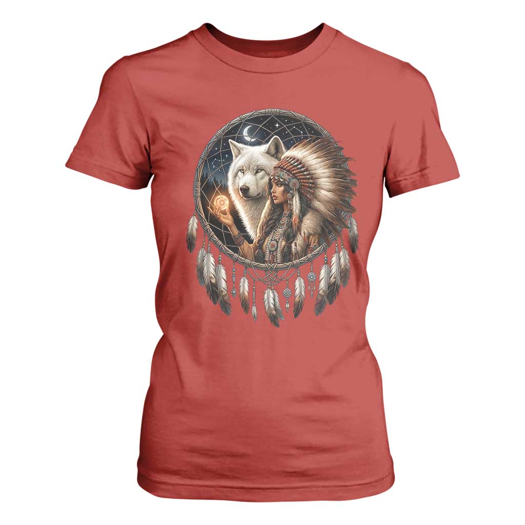 Vintage Native American Woman With White Wolf Graphic T Shirt For Women