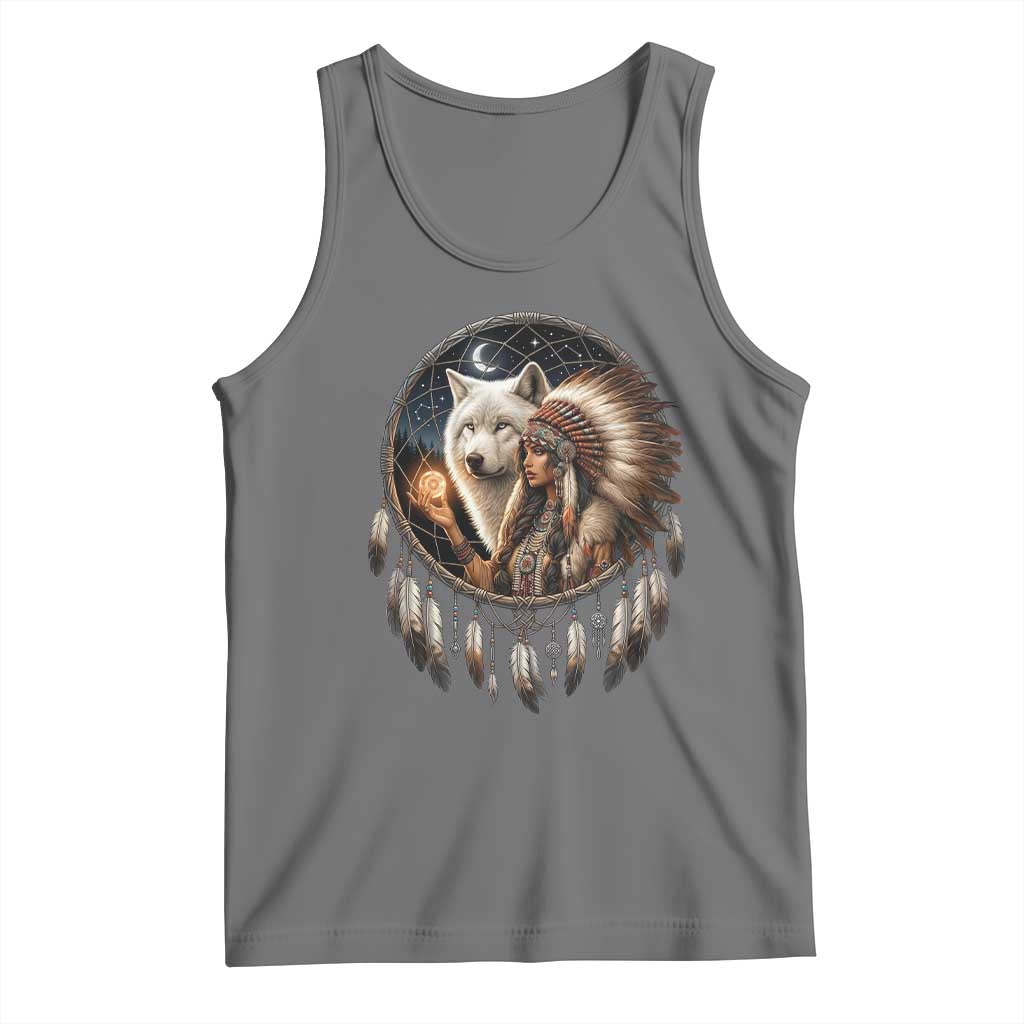 Vintage Native American Woman With White Wolf Graphic Tank Top