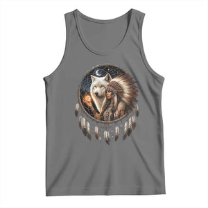 Vintage Native American Woman With White Wolf Graphic Tank Top