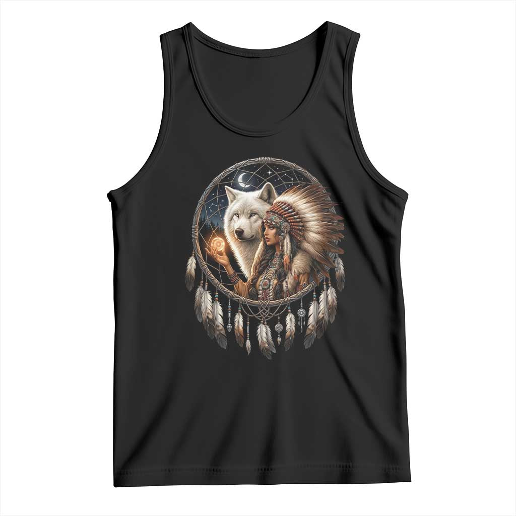 Vintage Native American Woman With White Wolf Graphic Tank Top TS12 Black Print Your Wear
