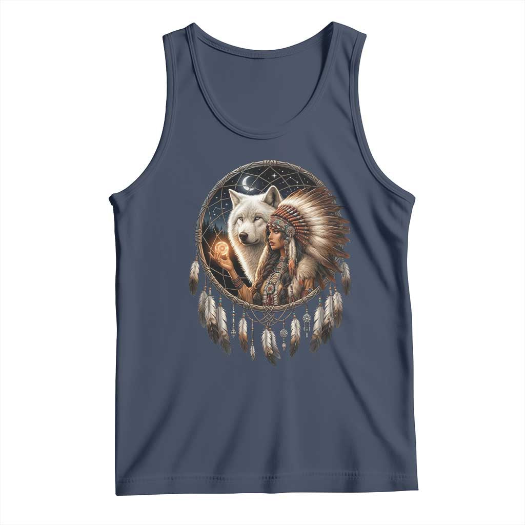 Vintage Native American Woman With White Wolf Graphic Tank Top
