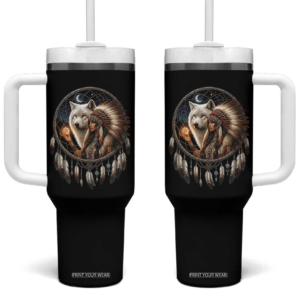 Vintage Native American Woman With White Wolf Graphic Tumbler With Handle