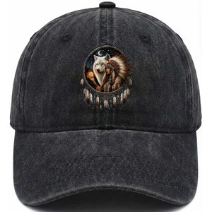 Vintage Native American Woman With White Wolf Graphic Washed Cotton Baseball Cap