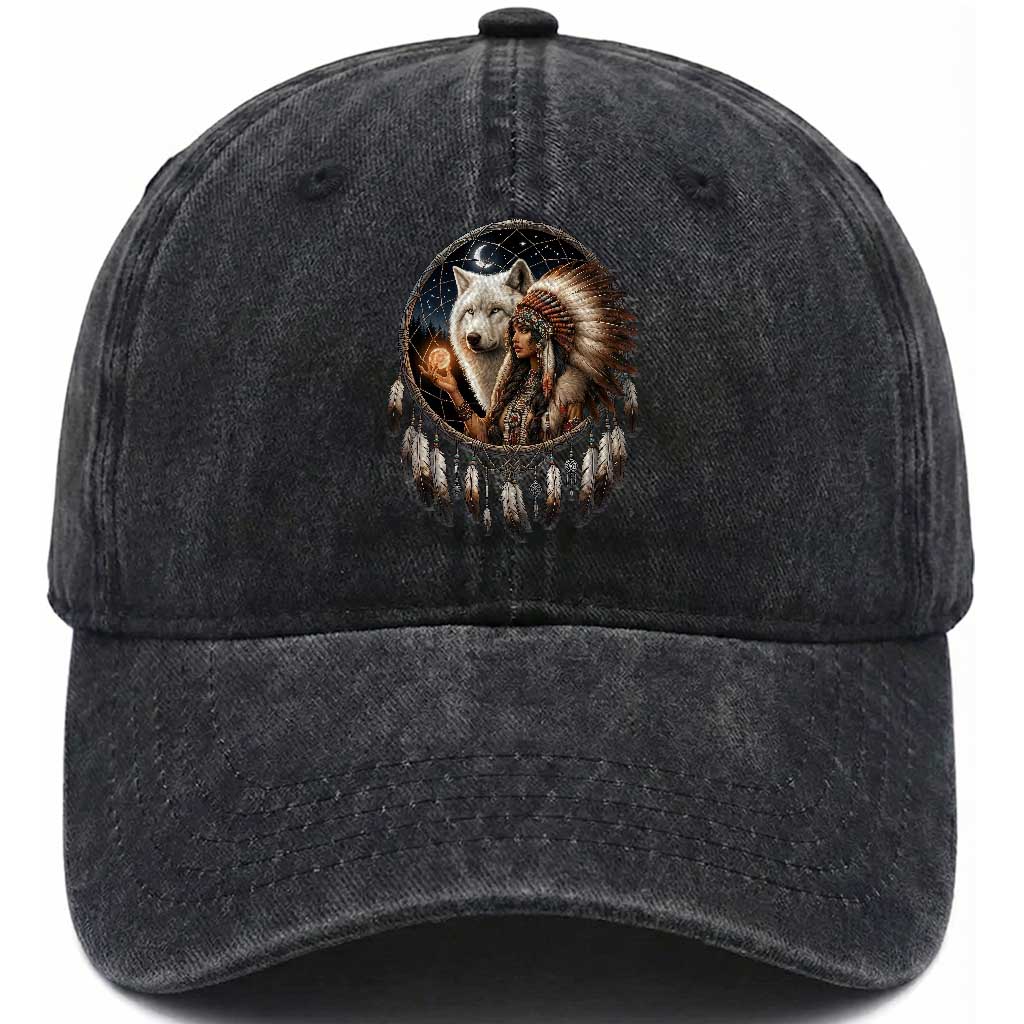 Vintage Native American Woman With White Wolf Graphic Washed Cotton Baseball Cap TS12 Print Your Wear