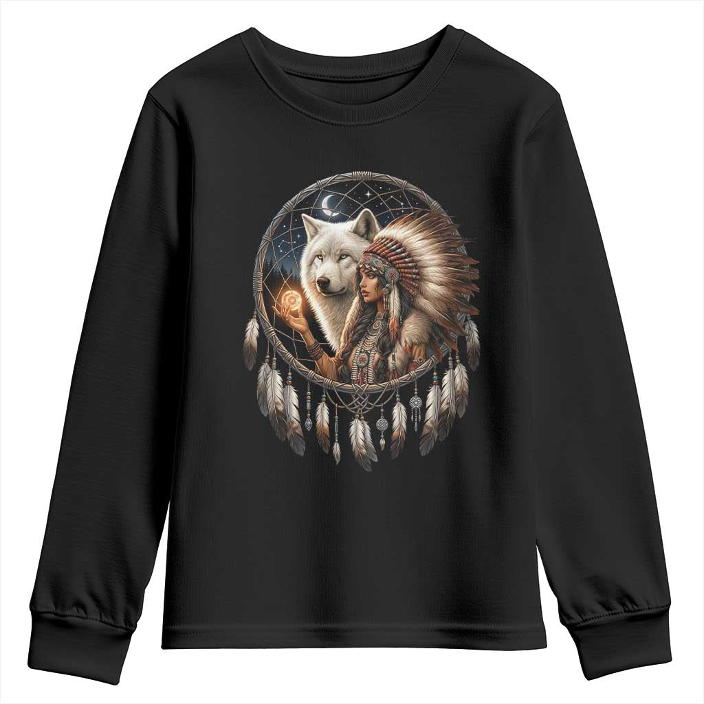 Vintage Native American Woman With White Wolf Graphic Youth Sweatshirt TS12 Black Print Your Wear