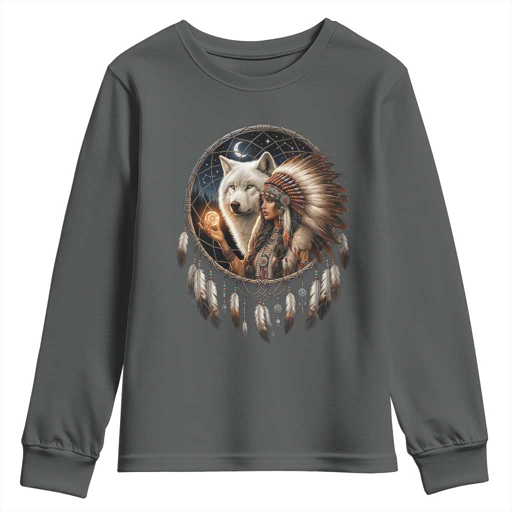 Vintage Native American Woman With White Wolf Graphic Youth Sweatshirt