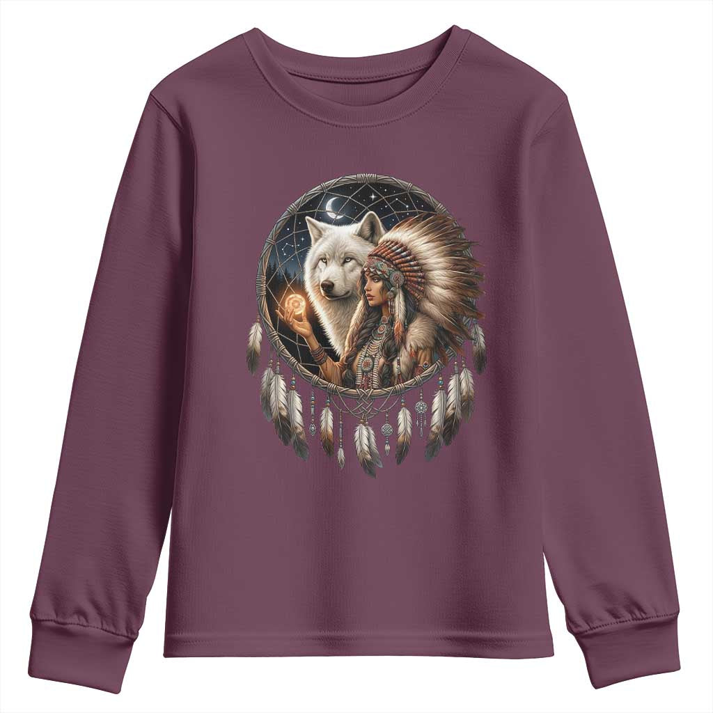 Vintage Native American Woman With White Wolf Graphic Youth Sweatshirt