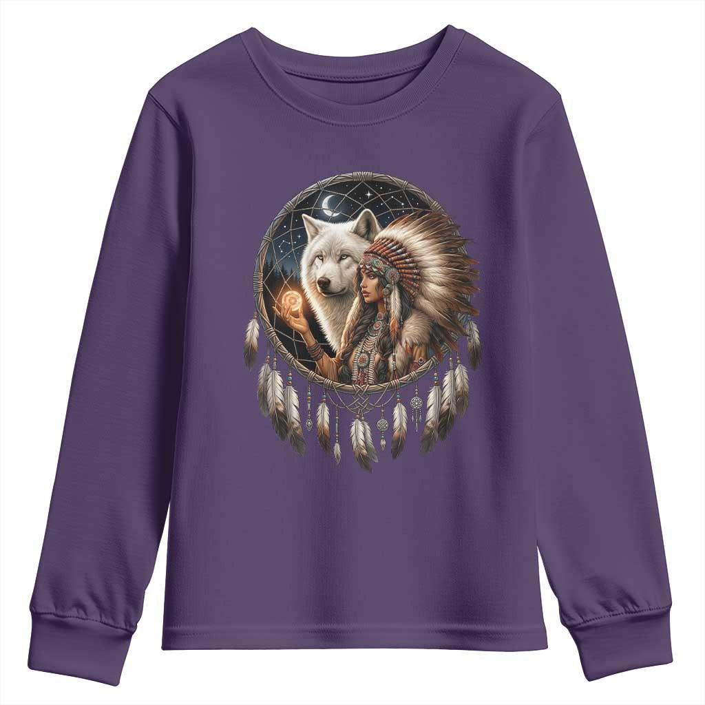 Vintage Native American Woman With White Wolf Graphic Youth Sweatshirt