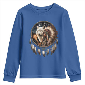 Vintage Native American Woman With White Wolf Graphic Youth Sweatshirt