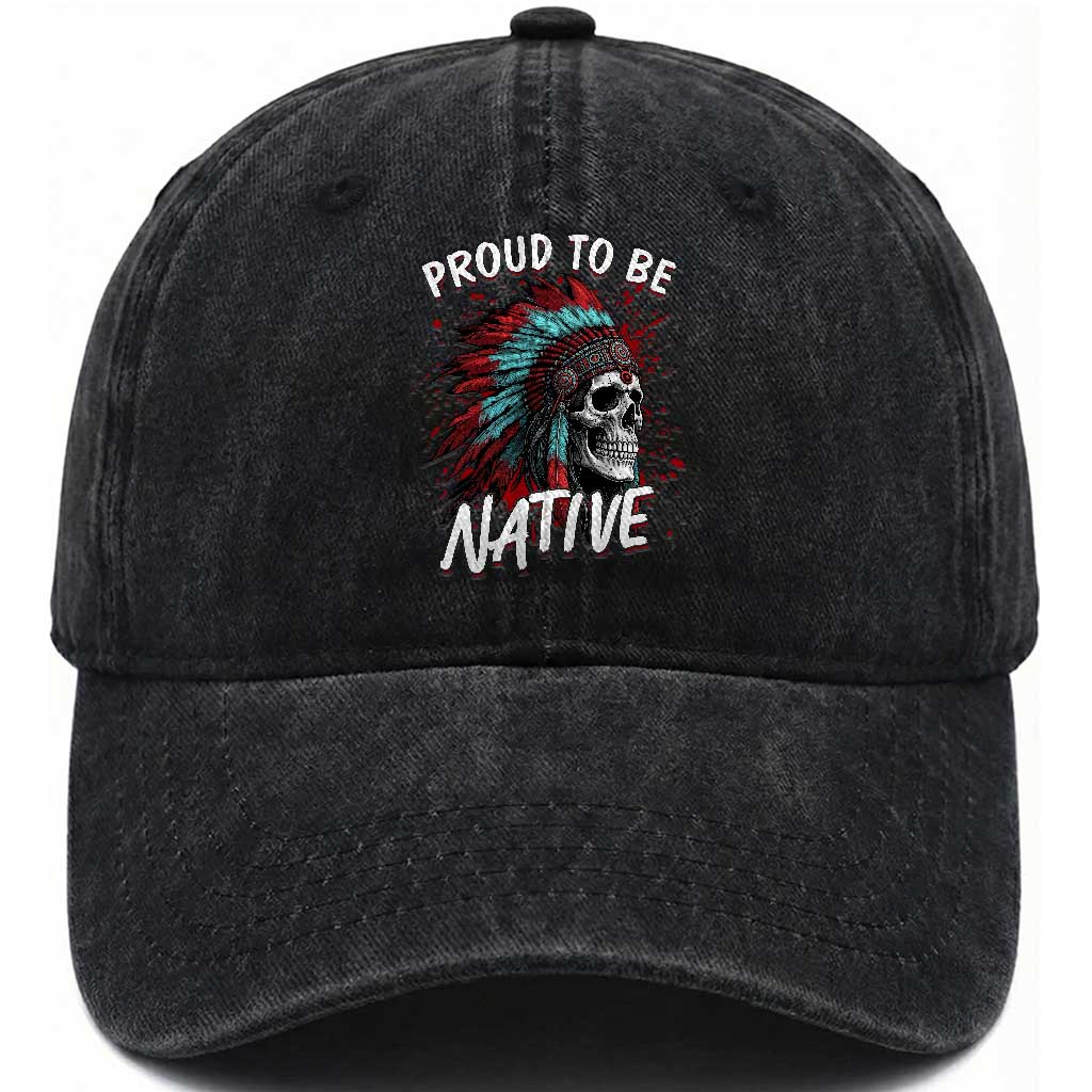 Proud To Be Native Washed Cotton Baseball Cap Native American Skull Headdress Graphic TS12 Print Your Wear