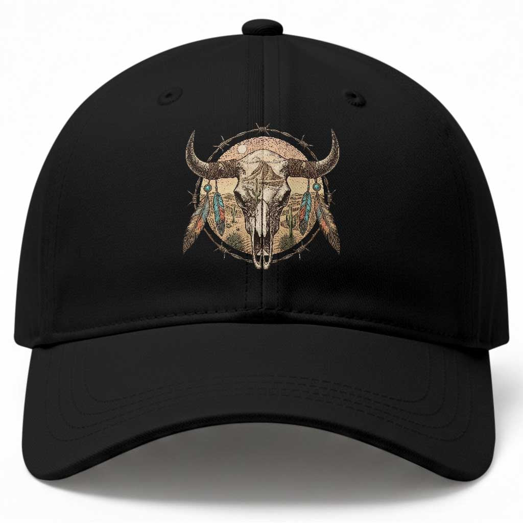 Southwestern Desert Bull Skull Baseball Cap Rustic Western Feather Emblem TS12 Print Your Wear