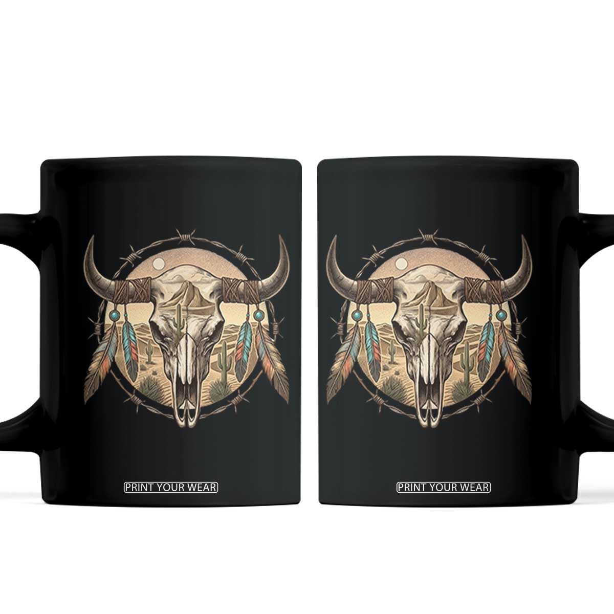 Southwestern Desert Bull Skull Coffee Mug Rustic Western Feather Emblem