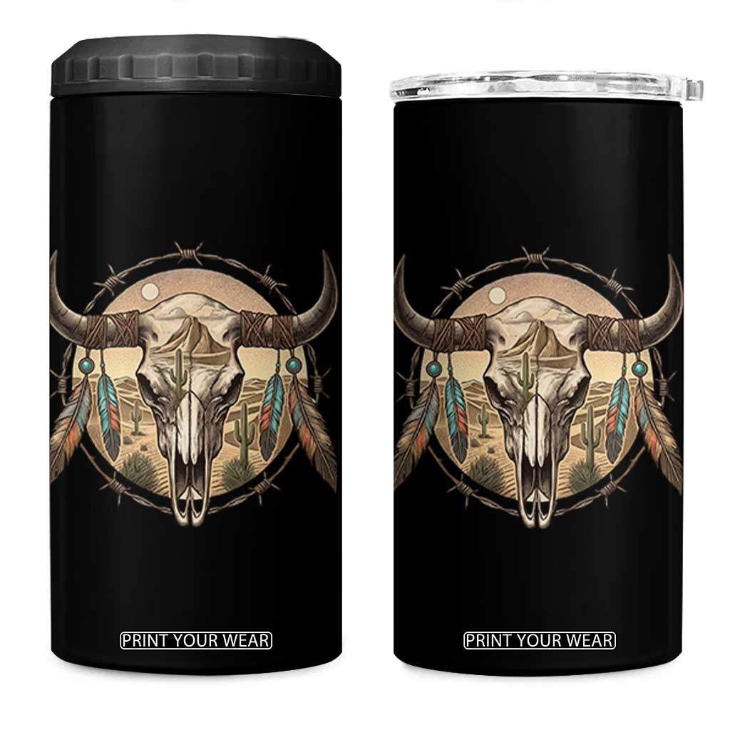 Southwestern Desert Bull Skull 4 in 1 Can Cooler Tumbler Rustic Western Feather Emblem