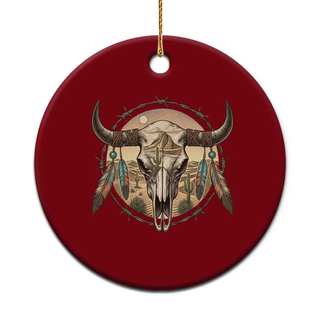 Southwestern Desert Bull Skull Ceramic Ornament Rustic Western Feather Emblem