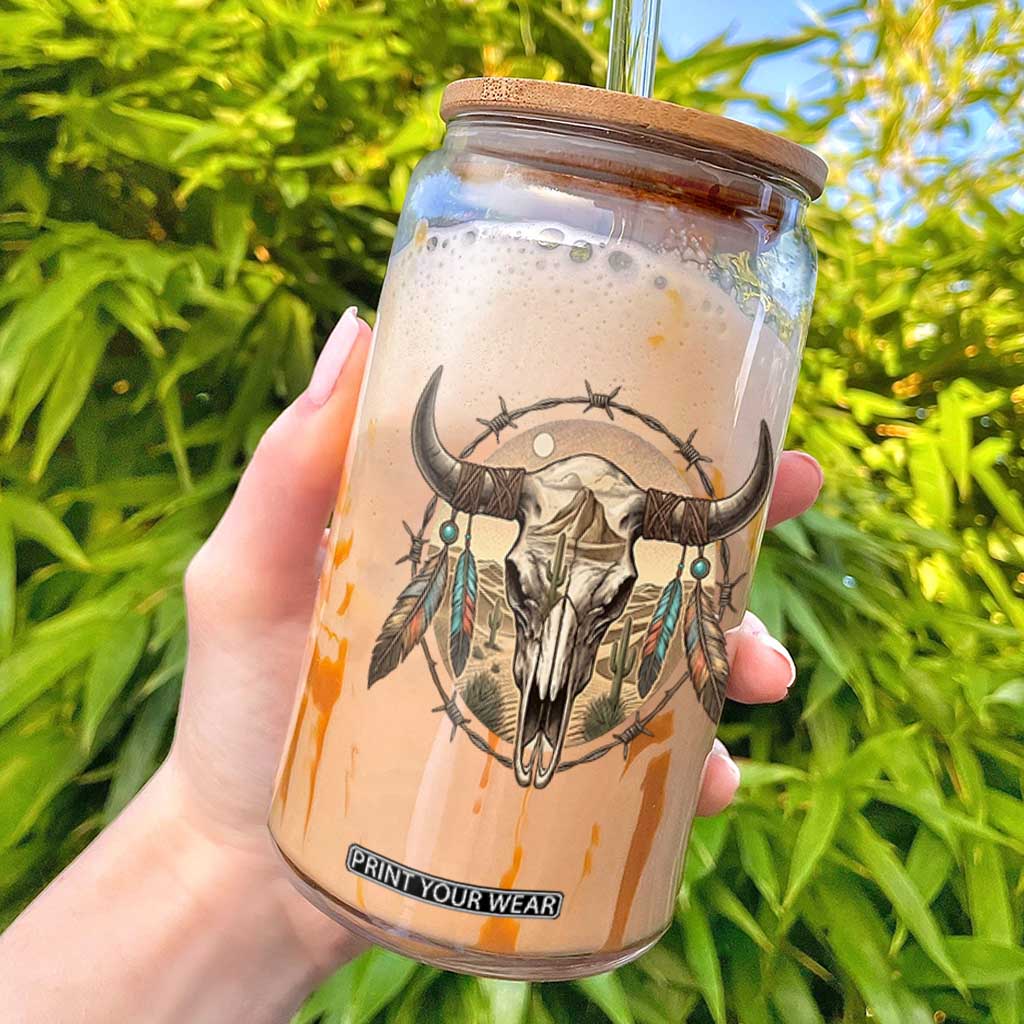 Southwestern Desert Bull Skull Glass Can Rustic Western Feather Emblem