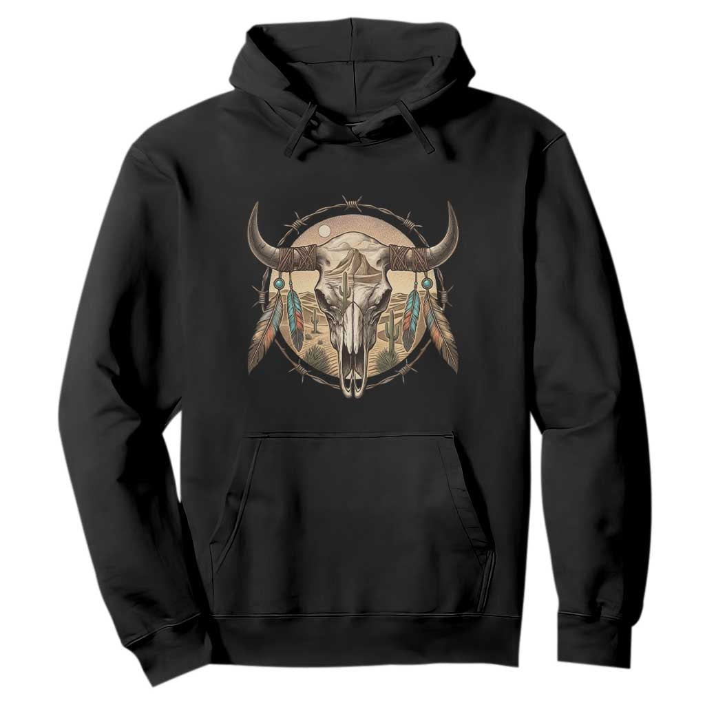Southwestern Desert Bull Skull Hoodie Rustic Western Feather Emblem