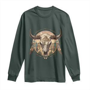 Southwestern Desert Bull Skull Long Sleeve Shirt Rustic Western Feather Emblem