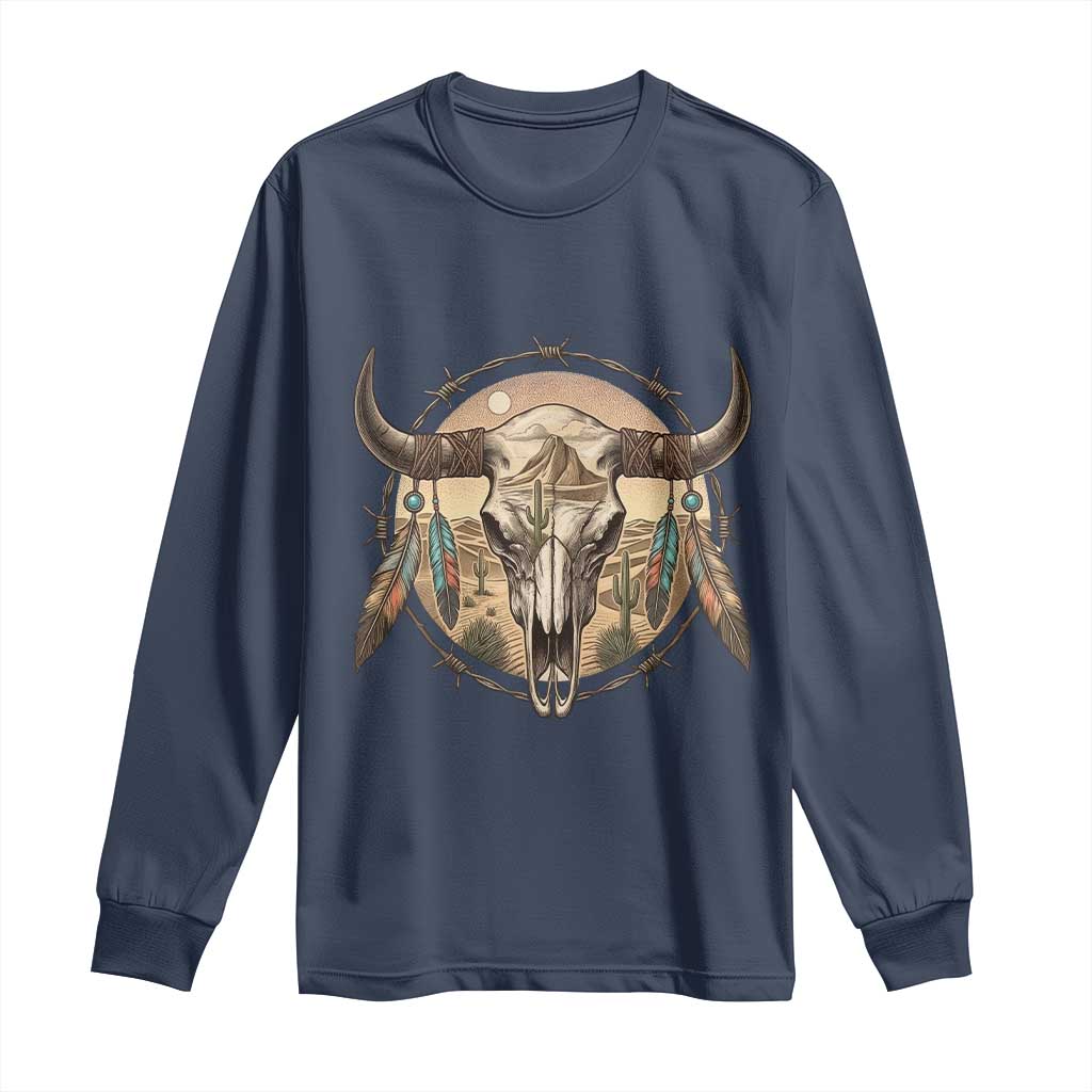 Southwestern Desert Bull Skull Long Sleeve Shirt Rustic Western Feather Emblem