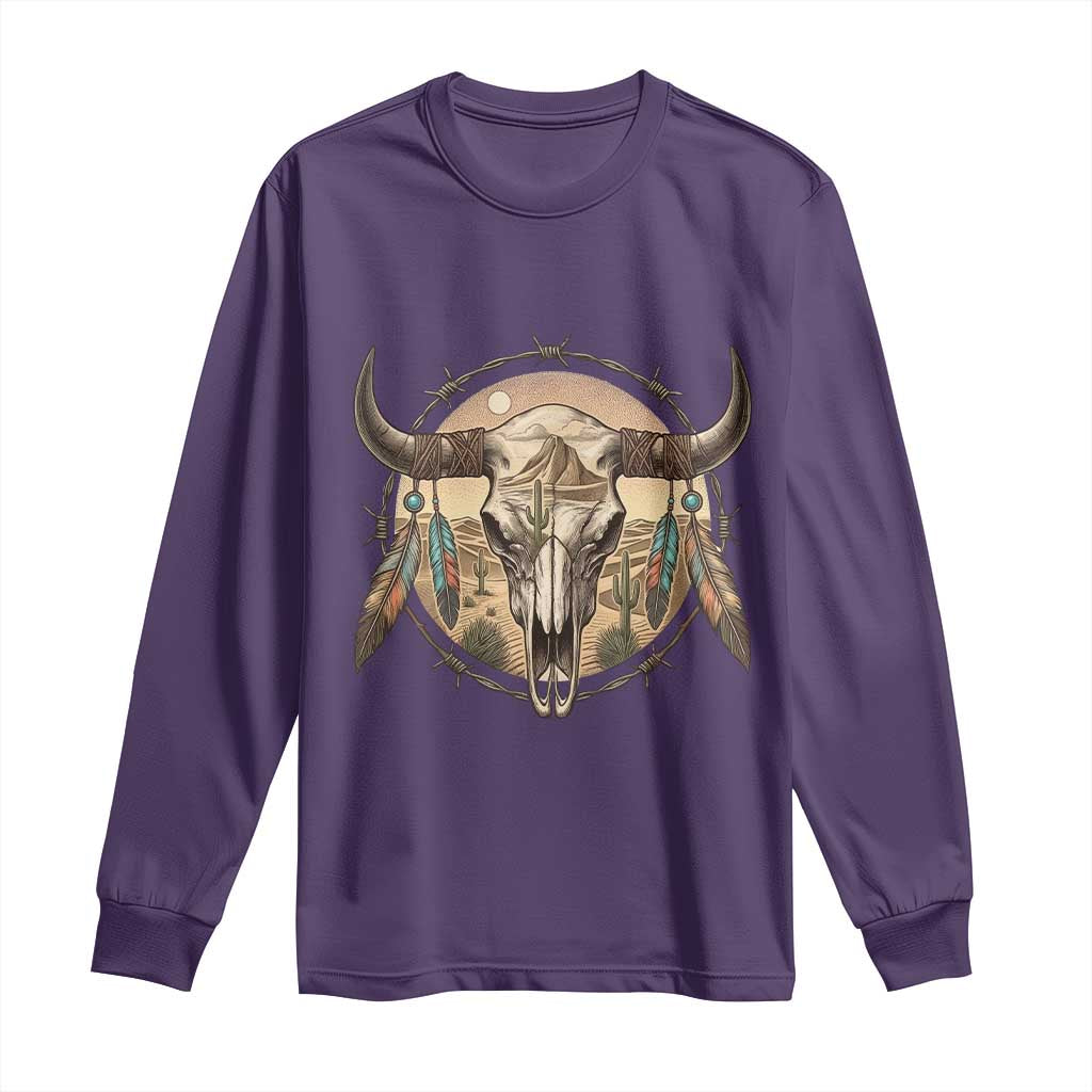 Southwestern Desert Bull Skull Long Sleeve Shirt Rustic Western Feather Emblem