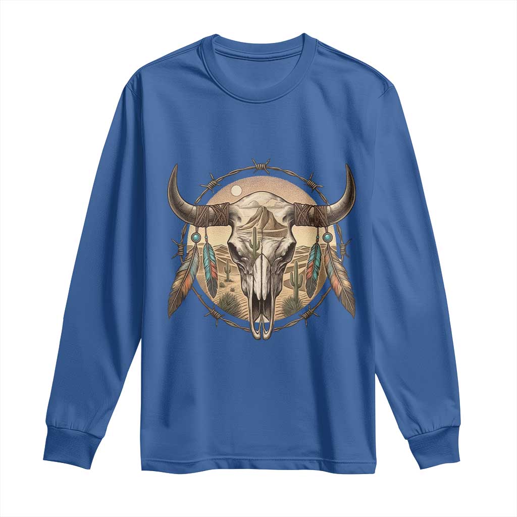 Southwestern Desert Bull Skull Long Sleeve Shirt Rustic Western Feather Emblem