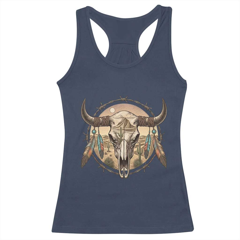 Southwestern Desert Bull Skull Racerback Tank Top Rustic Western Feather Emblem