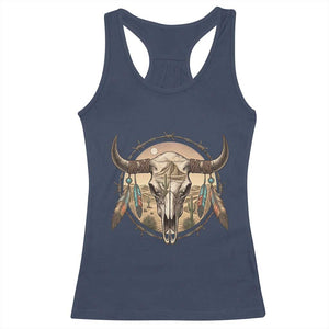 Southwestern Desert Bull Skull Racerback Tank Top Rustic Western Feather Emblem