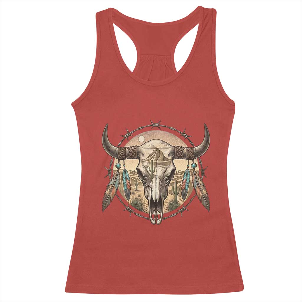 Southwestern Desert Bull Skull Racerback Tank Top Rustic Western Feather Emblem