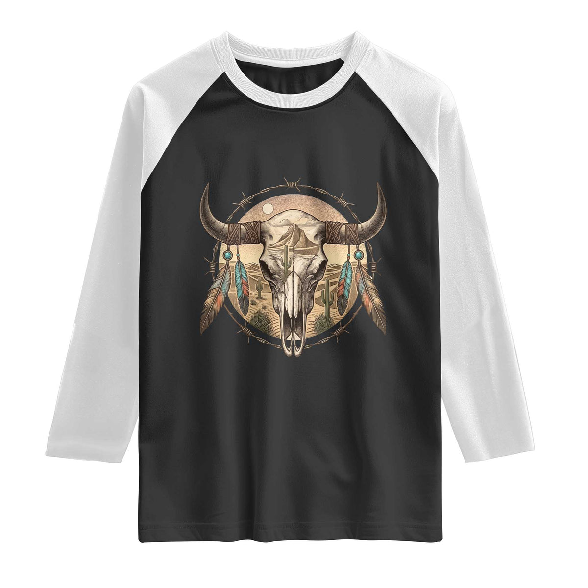 Southwestern Desert Bull Skull Raglan Shirt Rustic Western Feather Emblem
