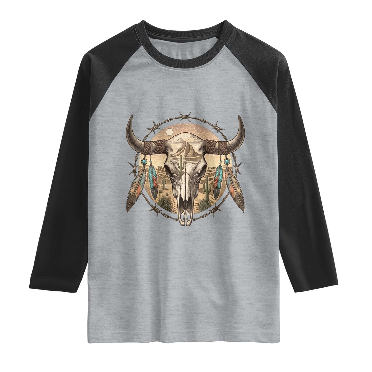 Southwestern Desert Bull Skull Raglan Shirt Rustic Western Feather Emblem