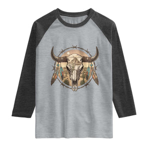 Southwestern Desert Bull Skull Raglan Shirt Rustic Western Feather Emblem