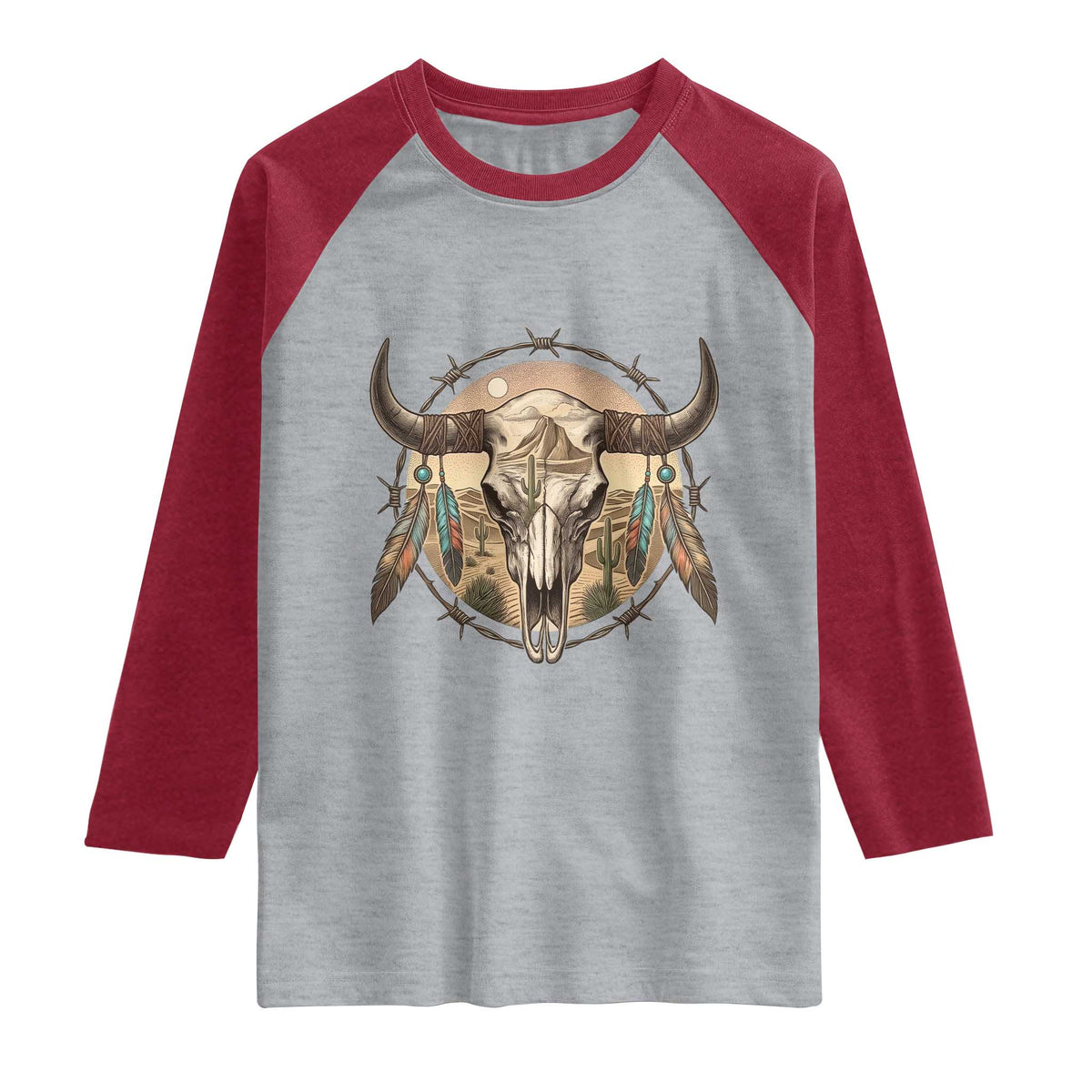Southwestern Desert Bull Skull Raglan Shirt Rustic Western Feather Emblem