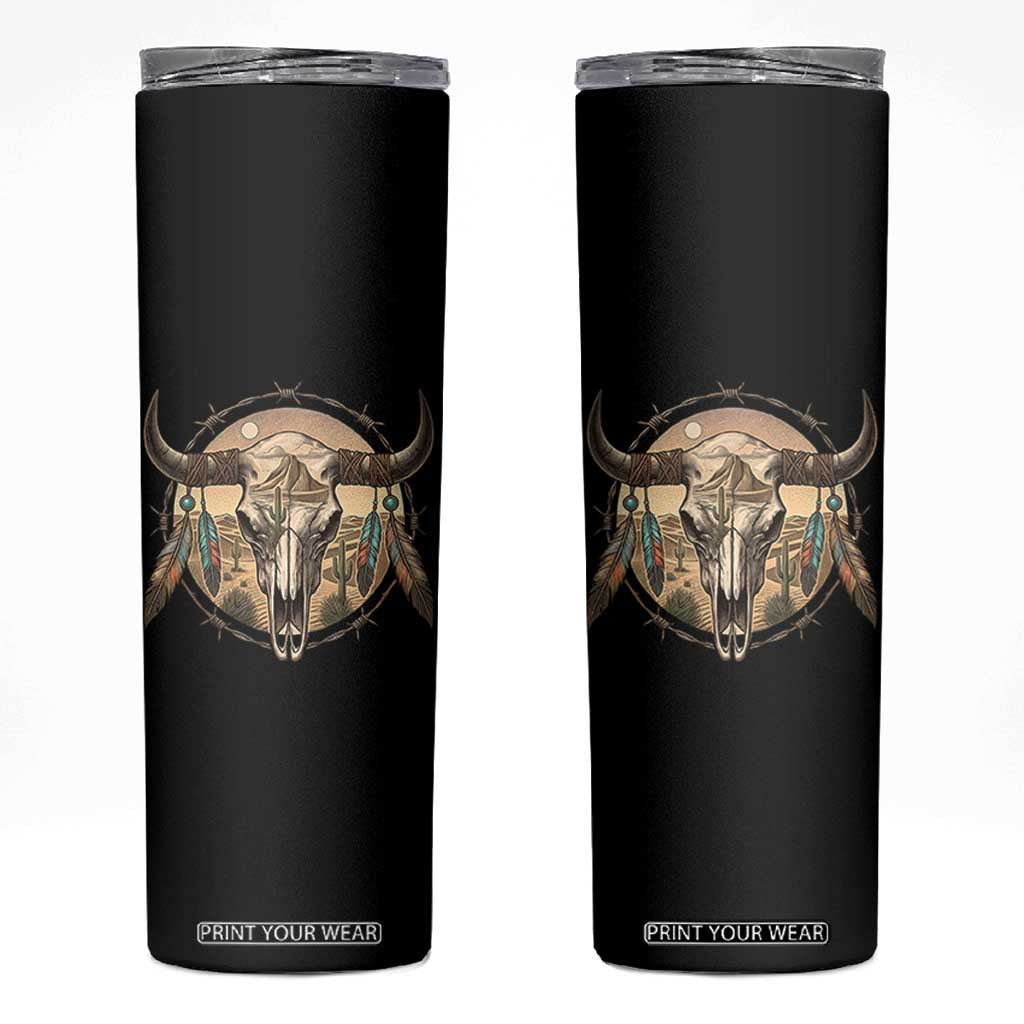 Southwestern Desert Bull Skull Skinny Tumbler Rustic Western Feather Emblem