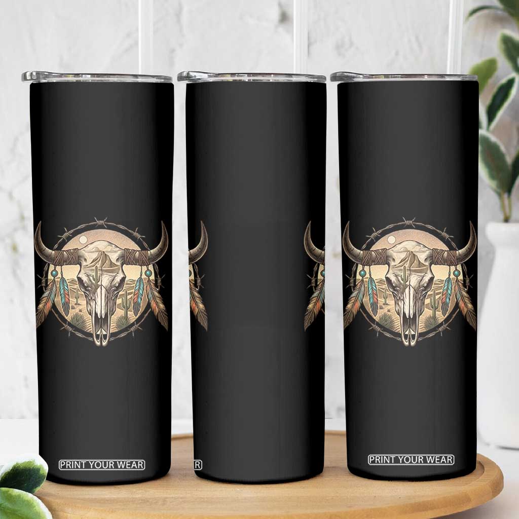 Southwestern Desert Bull Skull Skinny Tumbler Rustic Western Feather Emblem