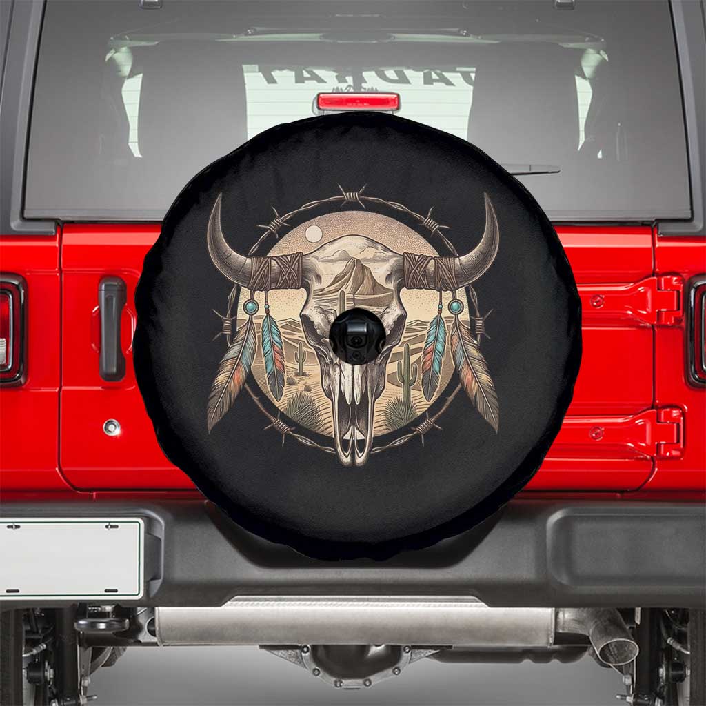 Southwestern Desert Bull Skull Spare Tire Cover Rustic Western Feather Emblem