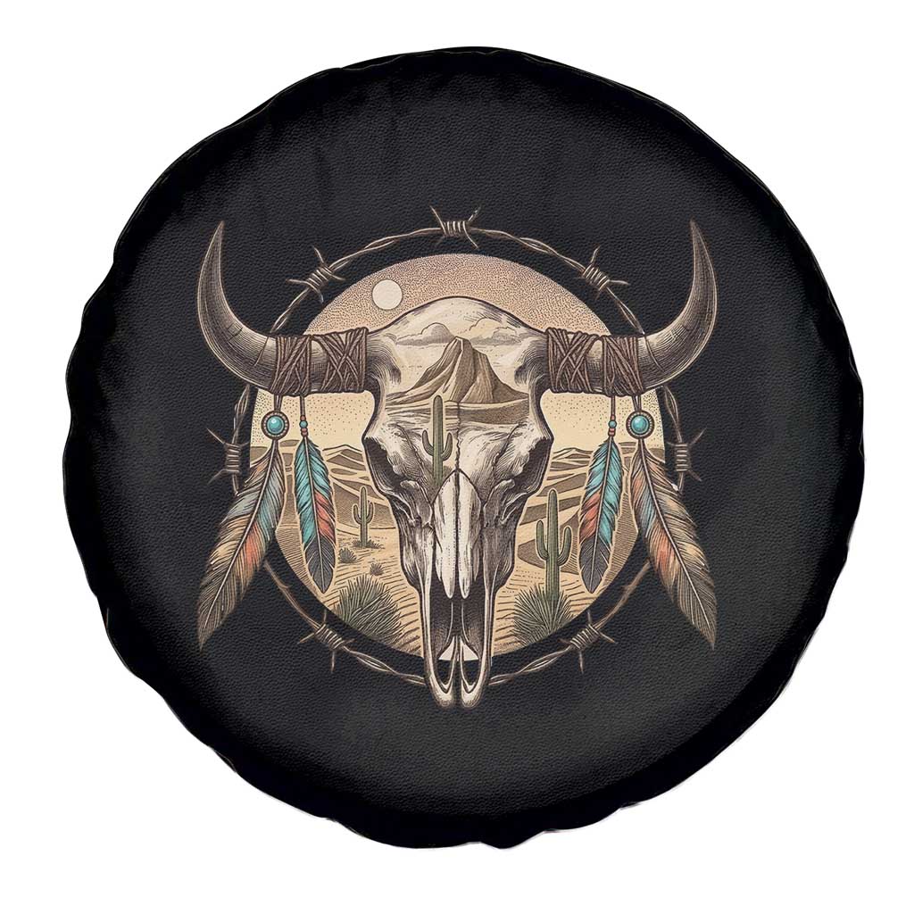 Southwestern Desert Bull Skull Spare Tire Cover Rustic Western Feather Emblem